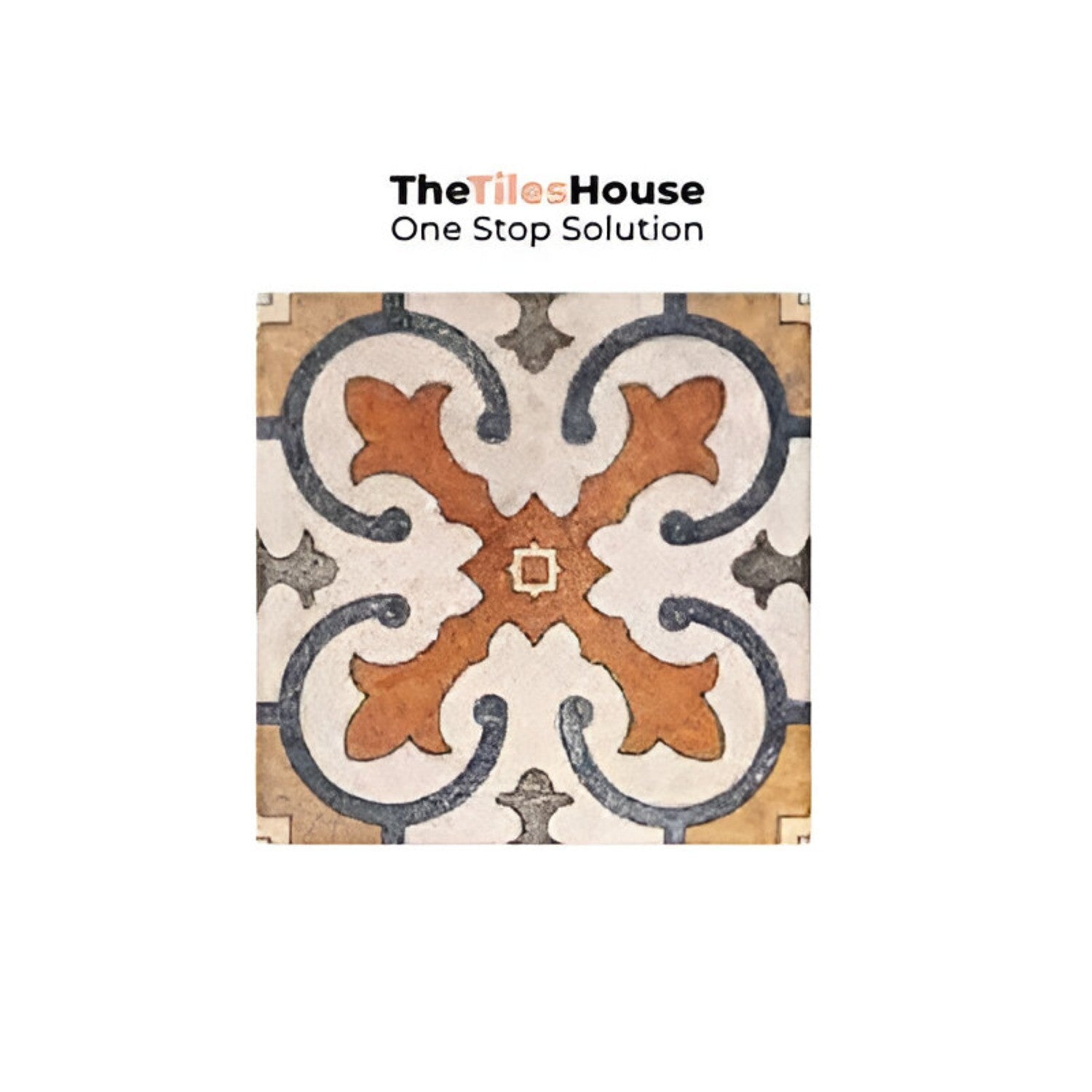Colorful Savoca Decor 6x6 inch ceramic tiles arranged in a vintage patchwork style on a kitchen backsplash, featuring a mix of floral, geometric, and traditional patterns in warm earthy tones of terracotta, blue, mustard, and grey.