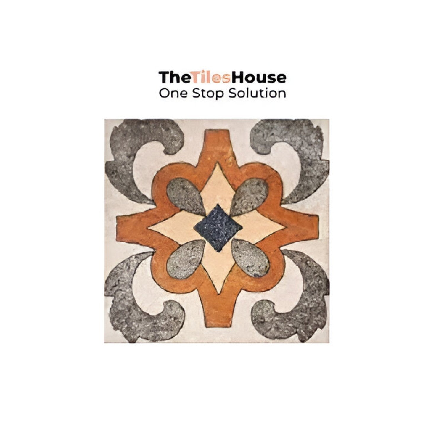 Colorful Savoca Decor 6x6 inch ceramic tiles arranged in a vintage patchwork style on a kitchen backsplash, featuring a mix of floral, geometric, and traditional patterns in warm earthy tones of terracotta, blue, mustard, and grey.