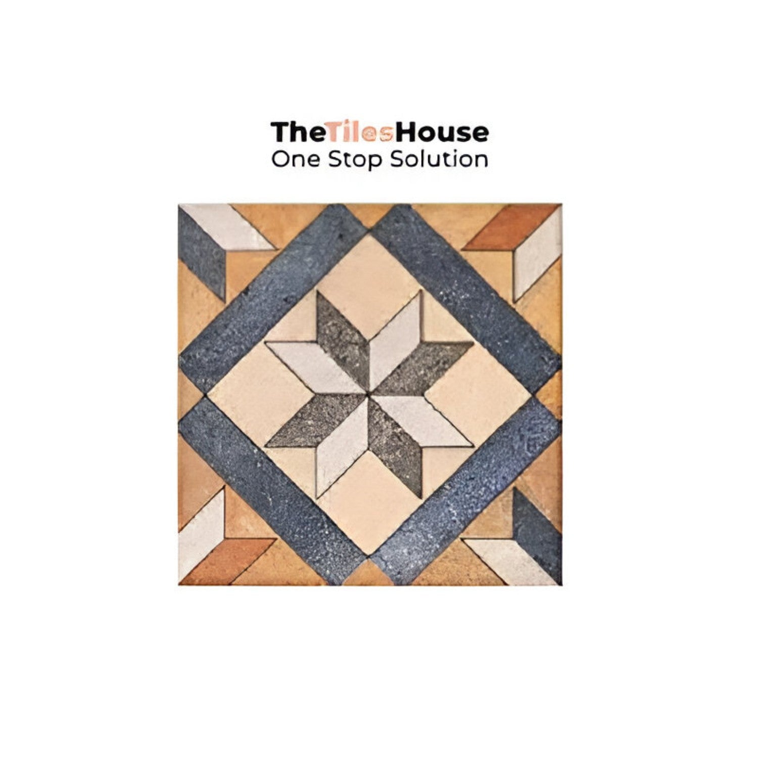Colorful Savoca Decor 6x6 inch ceramic tiles arranged in a vintage patchwork style on a kitchen backsplash, featuring a mix of floral, geometric, and traditional patterns in warm earthy tones of terracotta, blue, mustard, and grey.