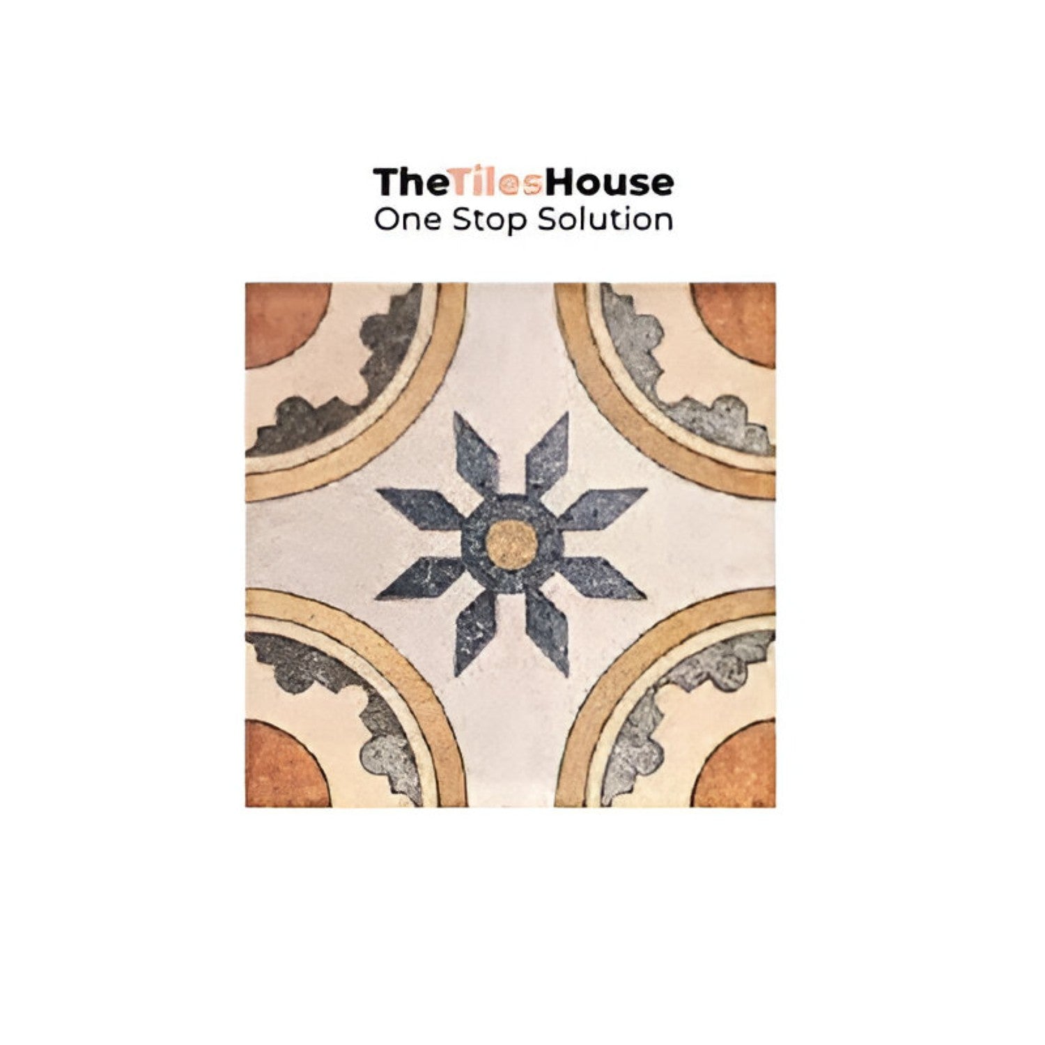 Colorful Savoca Decor 6x6 inch ceramic tiles arranged in a vintage patchwork style on a kitchen backsplash, featuring a mix of floral, geometric, and traditional patterns in warm earthy tones of terracotta, blue, mustard, and grey.