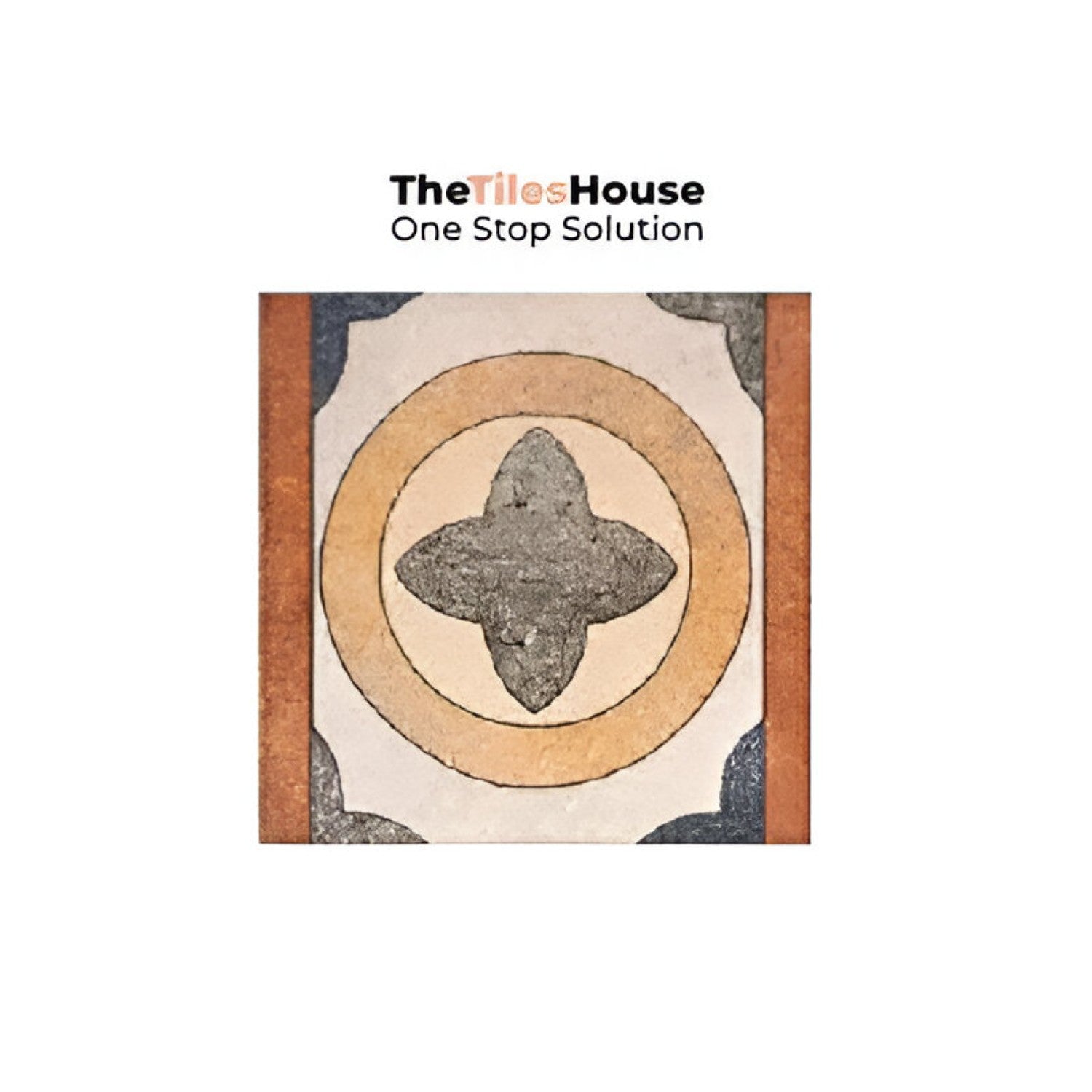 Colorful Savoca Decor 6x6 inch ceramic tiles arranged in a vintage patchwork style on a kitchen backsplash, featuring a mix of floral, geometric, and traditional patterns in warm earthy tones of terracotta, blue, mustard, and grey.