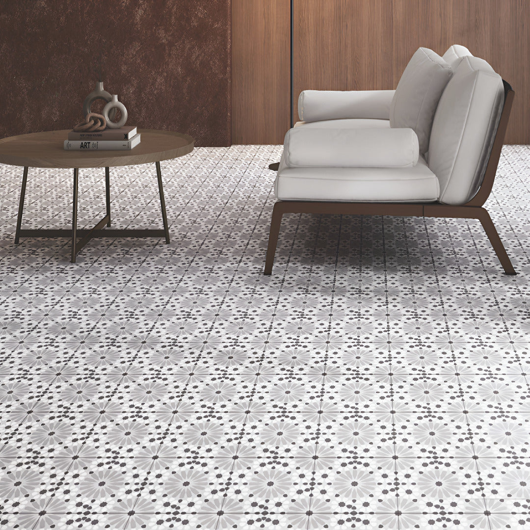 Savona Grey Moroccan Vitrified Tile 8x8 Inch with matt finish, featuring intricate Moroccan, printed, and Rangoli designs, perfect for stylish floor and wall applications, providing durability and aesthetic appeal.
