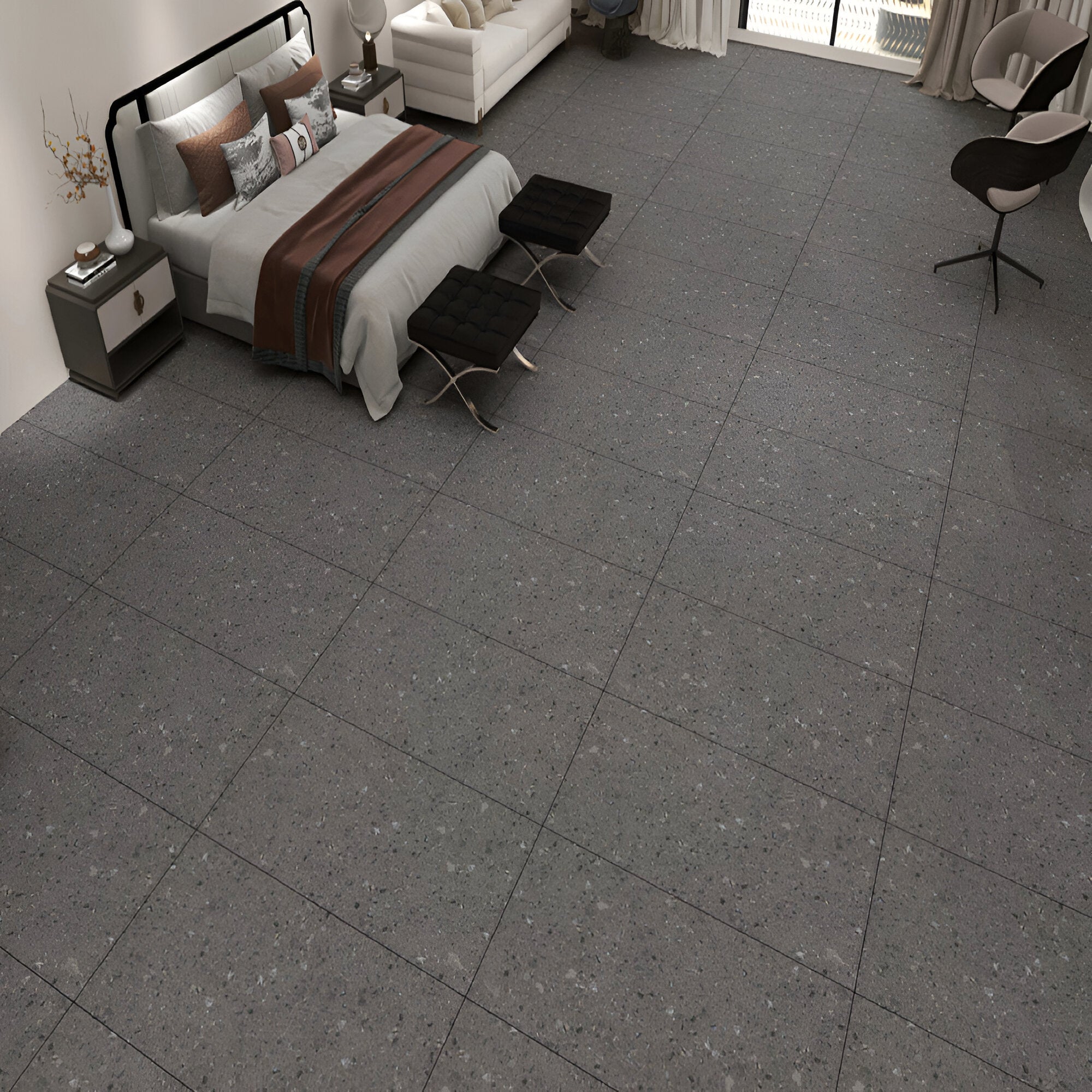 Alps Nero vitrified tile in 24×48 inch format showcasing a rustic surface texture with natural stone-inspired detailing, laid in a spacious interior setting demonstrating seamless joints, matt finish appearance, and premium large-format tile application on floor and wall surfaces for modern architectural spaces.