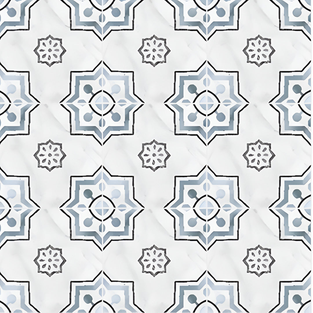 Fango Kasma Moroccan vitrified tile in 8×8 inch size featuring intricate Moroccan and rangoli printed artwork with a detailed carving finish, suitable for decorative floor and wall applications in modern and traditional interiors.