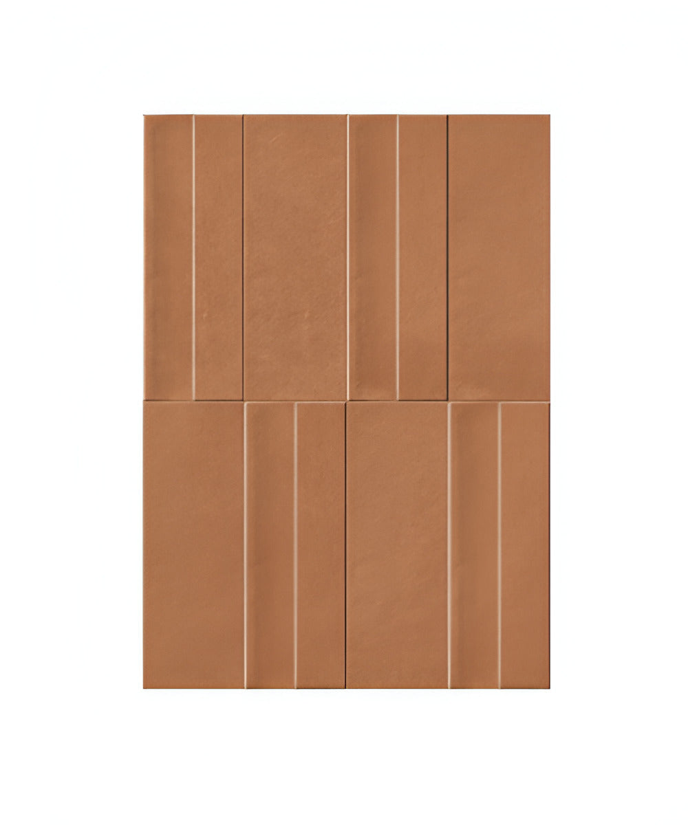Wave Cotto Subway Tile 3×9 inch ceramic wall tile with matt finish, showcasing a soft cotto shade and textured wave surface, installed on an interior wall creating a warm and elegant backdrop suitable for kitchen and bathroom spaces.