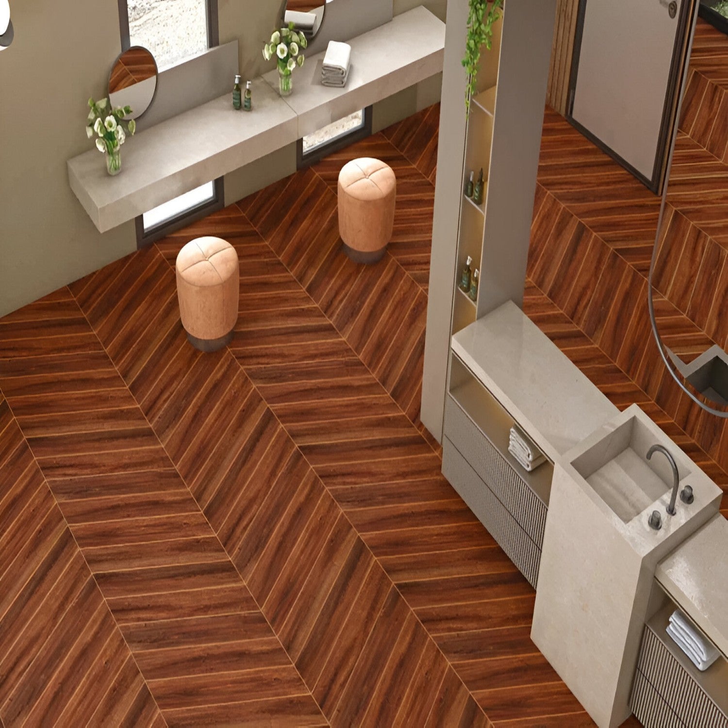 Sedona Chevron Wooden Tile 6x36 Inch, featuring rich reddish-brown wood tones arranged in a chevron pattern, perfect for elegant and durable flooring or wall applications.
