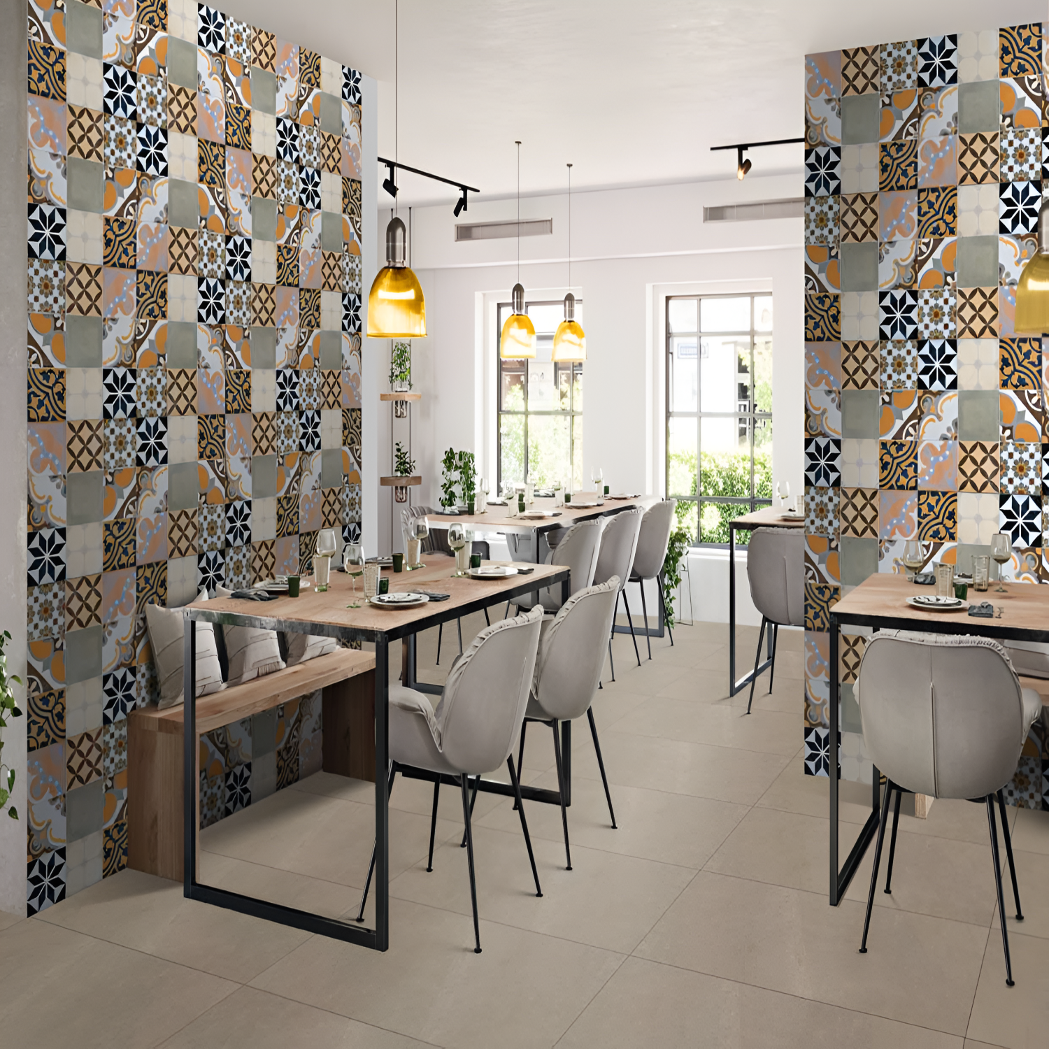 Sega Vitrified Moroccan Tile – 24×48 inch matt vitrified tile showcasing a vibrant printed Moroccan rangoli-style pattern in beige, brown, multicolor, and orange tones, ideal for accent walls and floor installations.