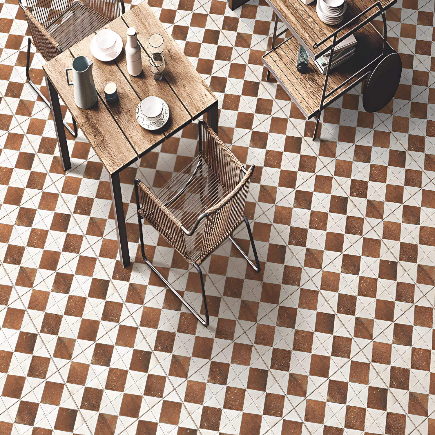 Segal Moroccan Vitrified Tile – 16x16 Inch floor tile featuring intricate Moroccan patterns in soft neutral shades, ideal for elegant and long-lasting flooring.