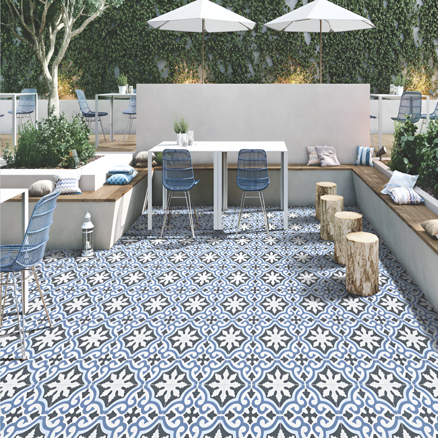 Artistic Simris Blue Moroccan Printed Geometric Cafe