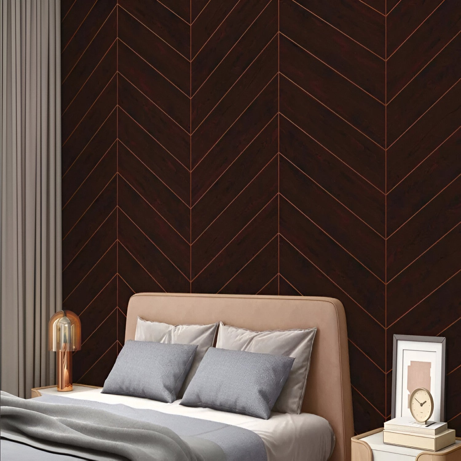 Smokey Chocolate Oak Chevron Wooden Tile 6x36 Inch, featuring rich dark brown oak tones arranged in a chevron pattern, ideal for luxurious and durable flooring or wall applications.
