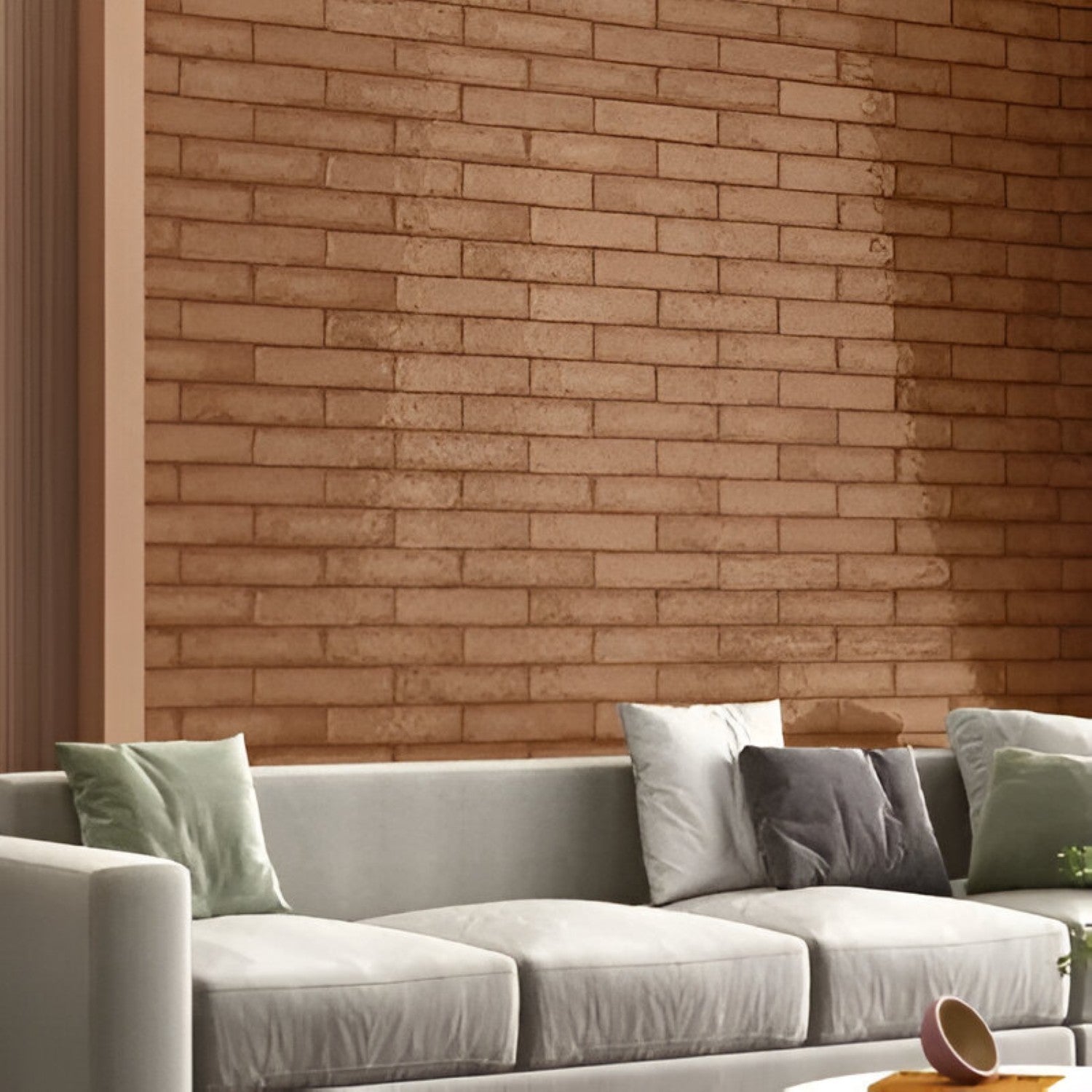 Warm-toned Splendor Desert Brown subway tiles arranged in a sleek horizontal layout, adding a rustic yet modern charm to a living room wall.