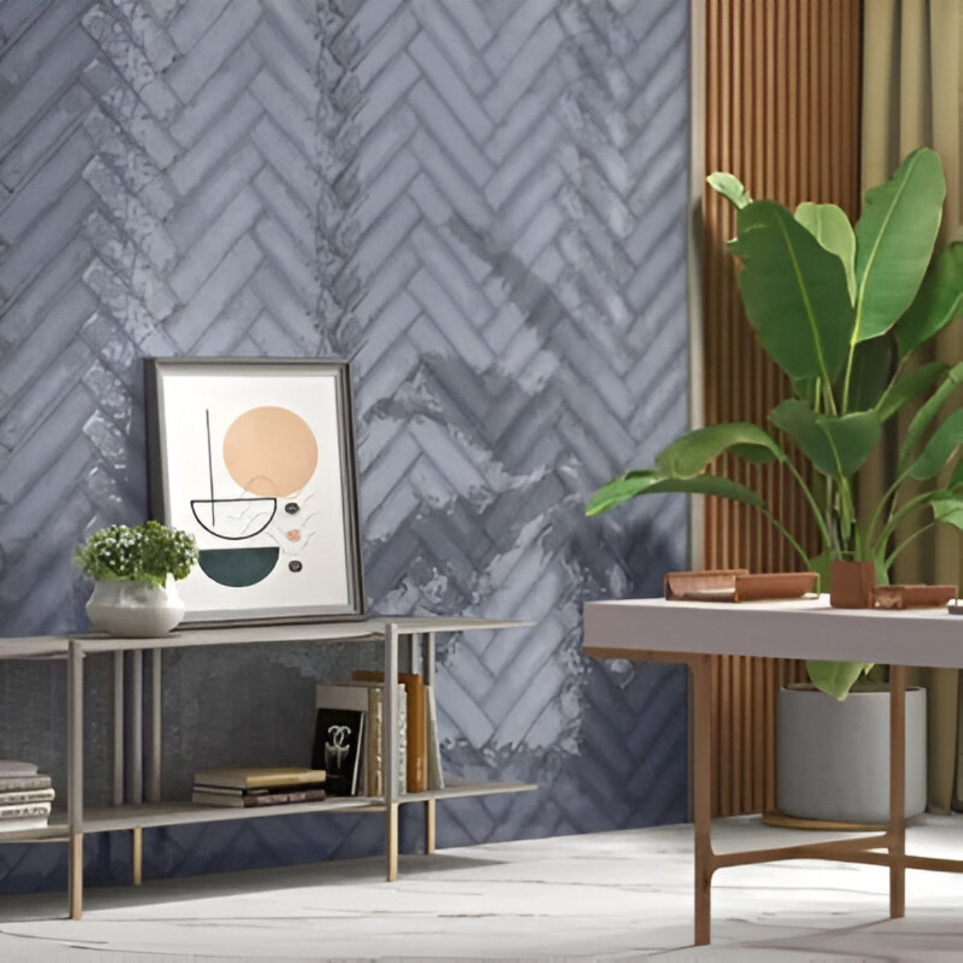 Artistic Sea Blue Herringbone Living Design Inspiration