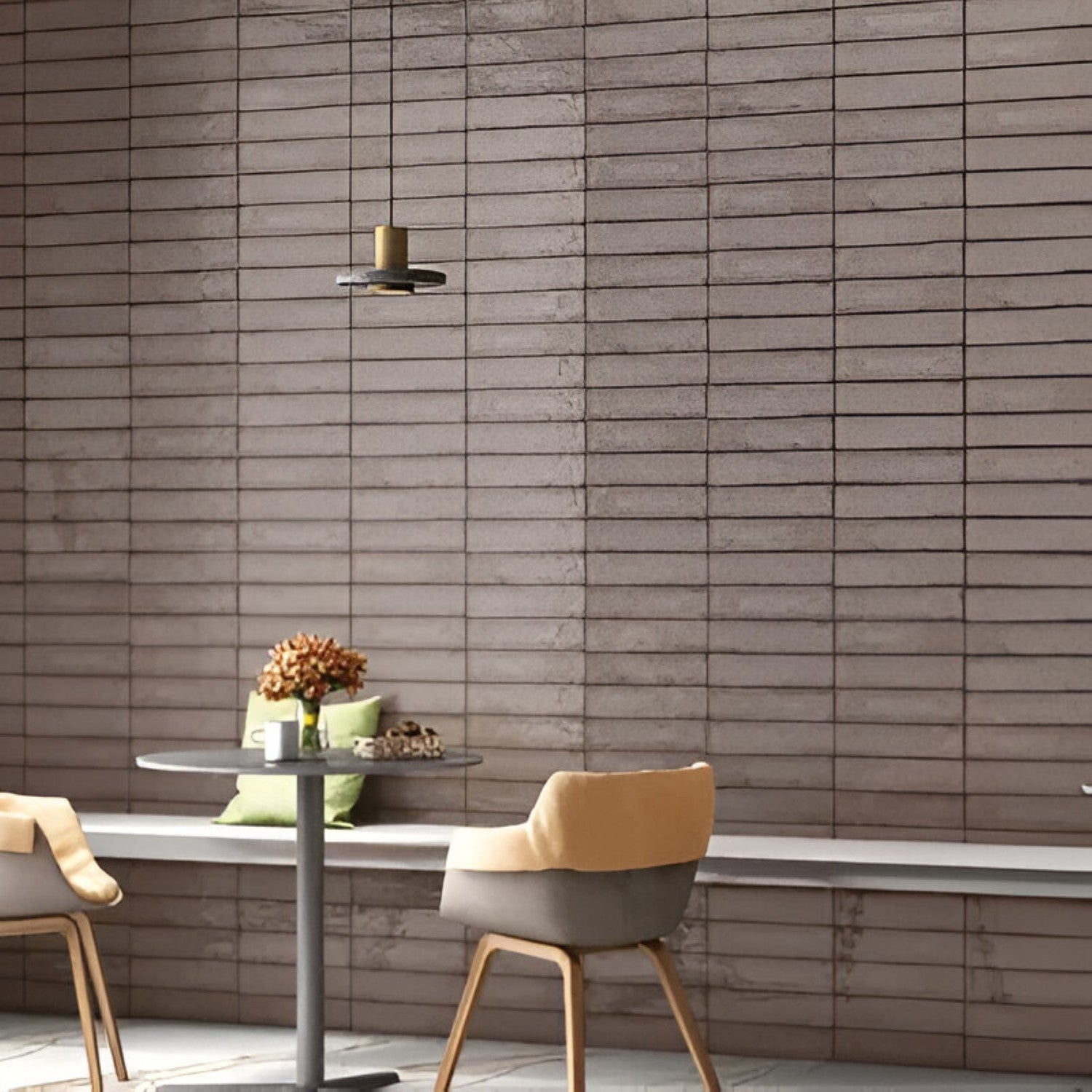 Cool stone‑grey Splendor subway tiles, 3 × 12 in, laid horizontally to create a sleek, modern backsplash with subtle texture and neutral tones.