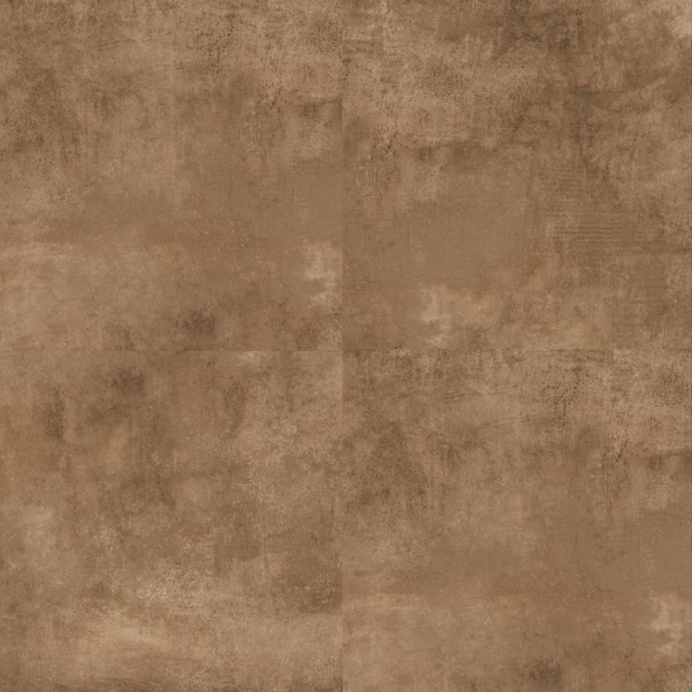 Stableton Copper ceramic floor tile in a 24 x 24 inch square format installed in a modern interior setting, featuring a solid rustic surface with a smooth matt finish, neatly aligned with minimal grout lines to create a spacious and seamless flooring appearance suitable for living rooms, bedrooms, kitchens, and commercial interiors.