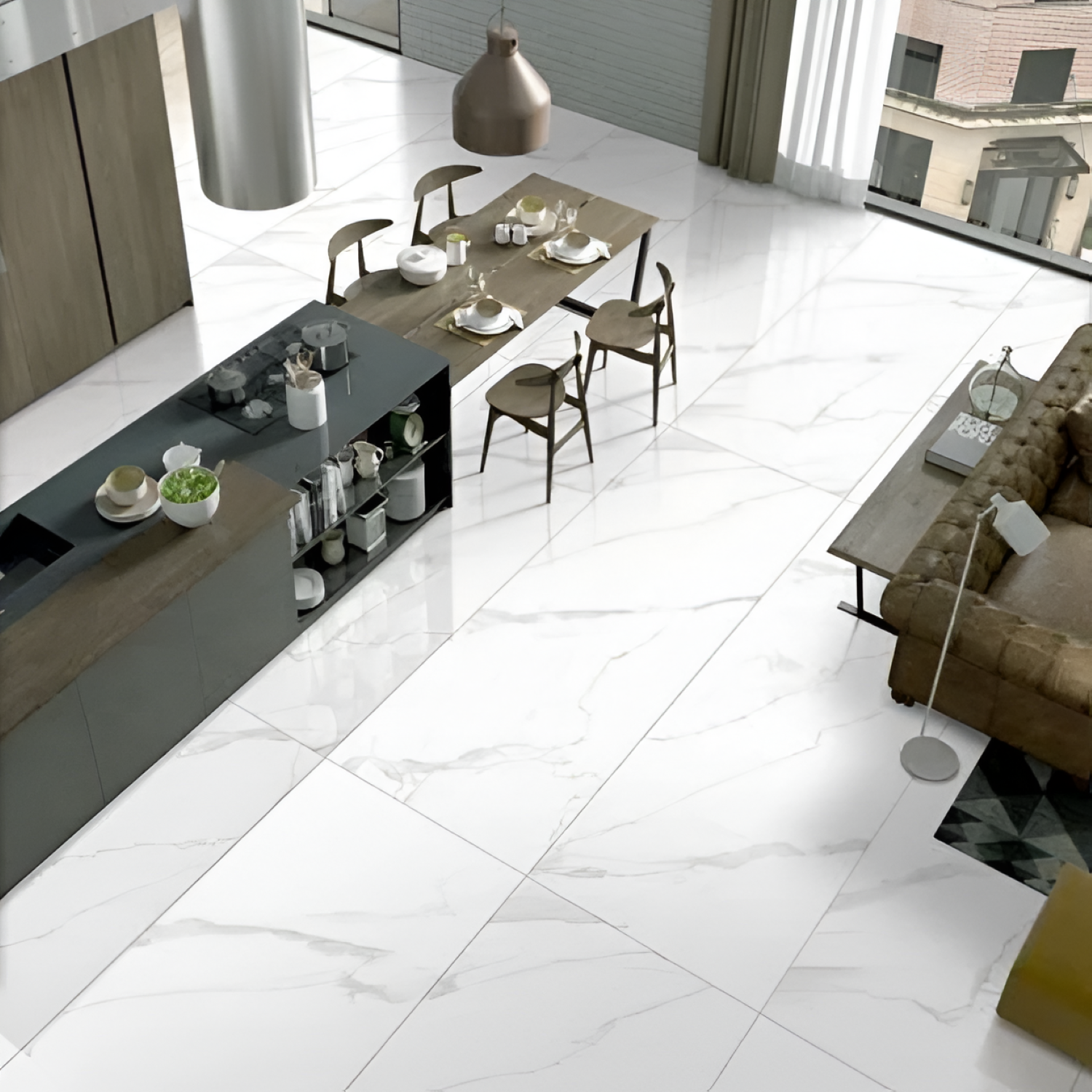 Statuario Volkas Color Body Kitchen Countertop / Tabletop with elegant marble-like veining, smooth and durable surface, perfect for modern kitchens and dining areas, offering both style and functionality