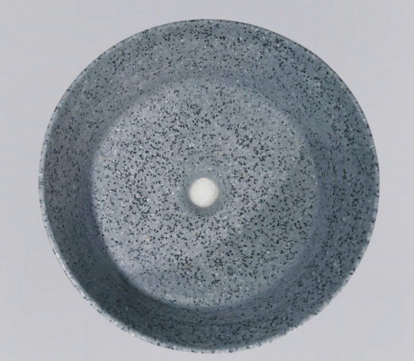 TTH-021-2 terrazzo ceramic countertop washbasin with square structure, smooth non-porous surface, terrazzo patterned texture, modern above-counter installation design, clean geometric form, premium ceramic construction, and compact dimensions of 400 x 400 x 150 mm for contemporary bathroom vanity spaces.