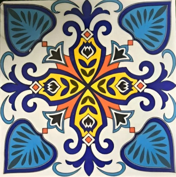 TTH‑11 Ceramic Tile – 6×6 inch ceramic tile featuring a warm yellow-orange background with a detailed white rangoli-style floral or mandala motif, ideal for decorative wall or mosaic applications.