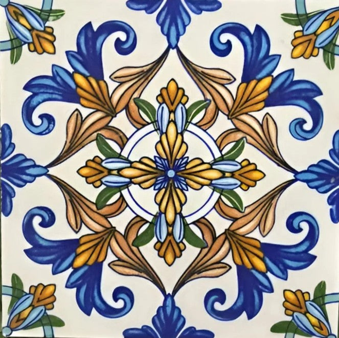 TTH‑18 Ceramic Tile – 6×6 inch ceramic tile with a rich cobalt blue background showcasing a delicate white rangoli-style floral pattern, ideal for mosaic art or decorative wall accents.
