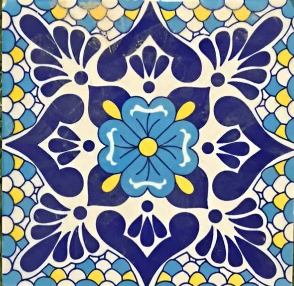 TTH-19 Ceramic Tile – 6×6 inch glossy ceramic tile featuring a deep navy-blue background with intricate white floral rangoli-inspired moatifs, perfect for decorative mosaic accents.
