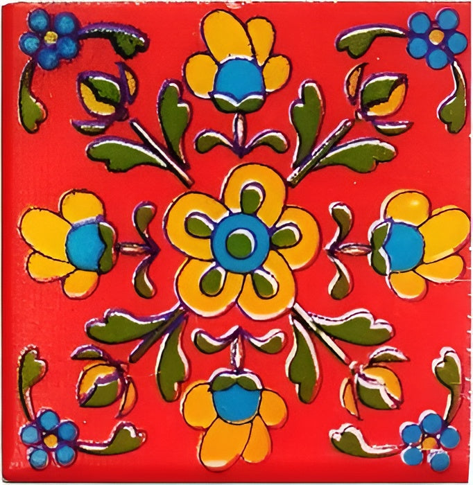 TTH-225 Ceramic Tile 2 x 2 Inch – Handmade tile with a vivid red background, showcasing a central yellow and blue floral design with green and black leafy accents, arranged in a grid layout.