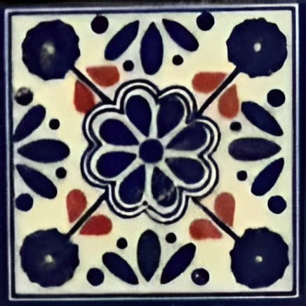 TTH-226 Ceramic Tile 2 x 2 Inch – Handmade square tile featuring a detailed floral pattern in dark blue and red accents on a cream background, arranged in a grid layout.