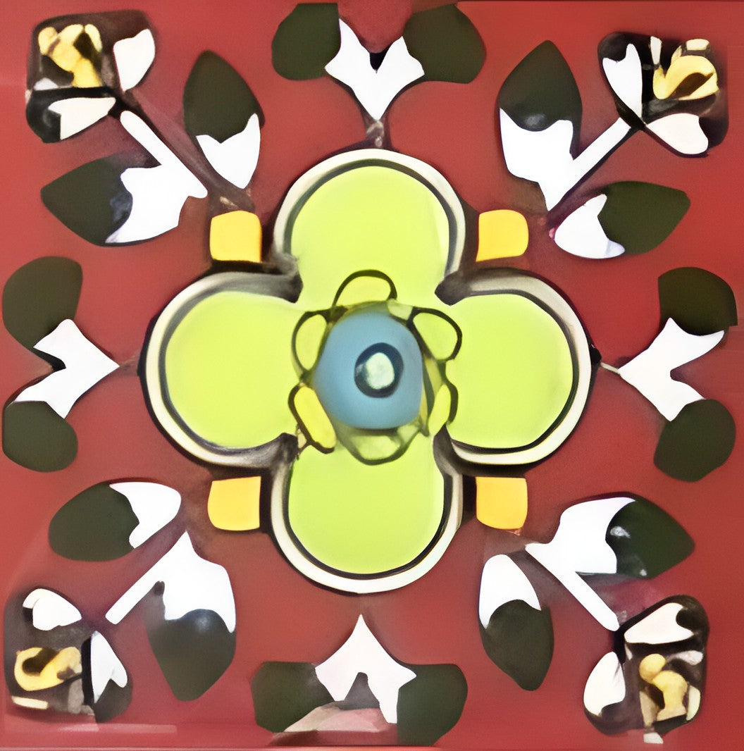 TTH-334 Ceramic Tile – 3x3 inch red gloss ceramic tile featuring a handcrafted Jaipur/Moroccan-style rangoli pattern.