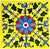 TTH-361 Ceramic Tile 3 x 6 Inch – Handmade ceramic tile featuring a vibrant floral medallion design on a yellow background with blue, red, green, and white detailing, displayed on a wooden surface.