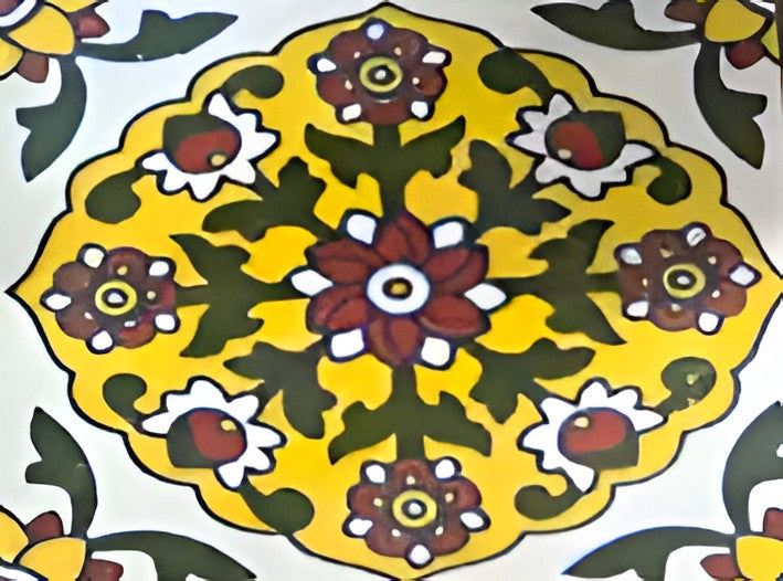 TTH-362 Ceramic Tile 3 x 6 Inch – Handmade ceramic tile featuring an intricate traditional floral pattern with a yellow base and maroon, green, and white accents, bordered in brown.