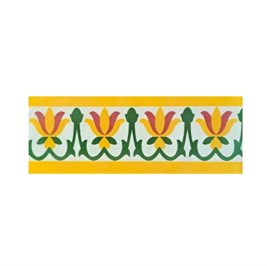 TTH-365 Ceramic Tile 3 x 6 Inch – Handmade tile with a traditional floral pattern in yellow, red, and green tones, bordered in red, placed on artificial grass.