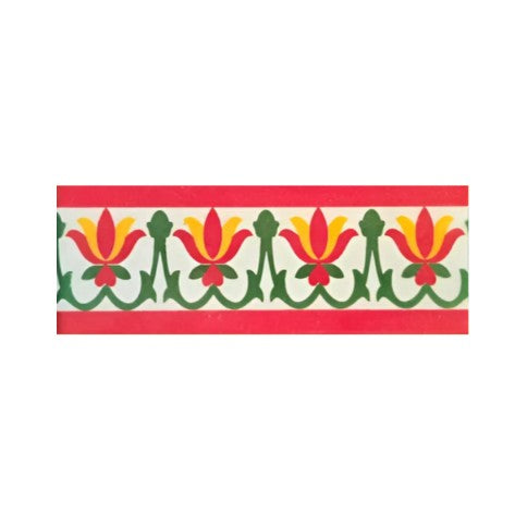 TTH-366 Ceramic Tile 3 x 6 Inch – Handmade tile featuring a vibrant floral pattern in red, yellow, and green with red borders, displayed on artificial grass.