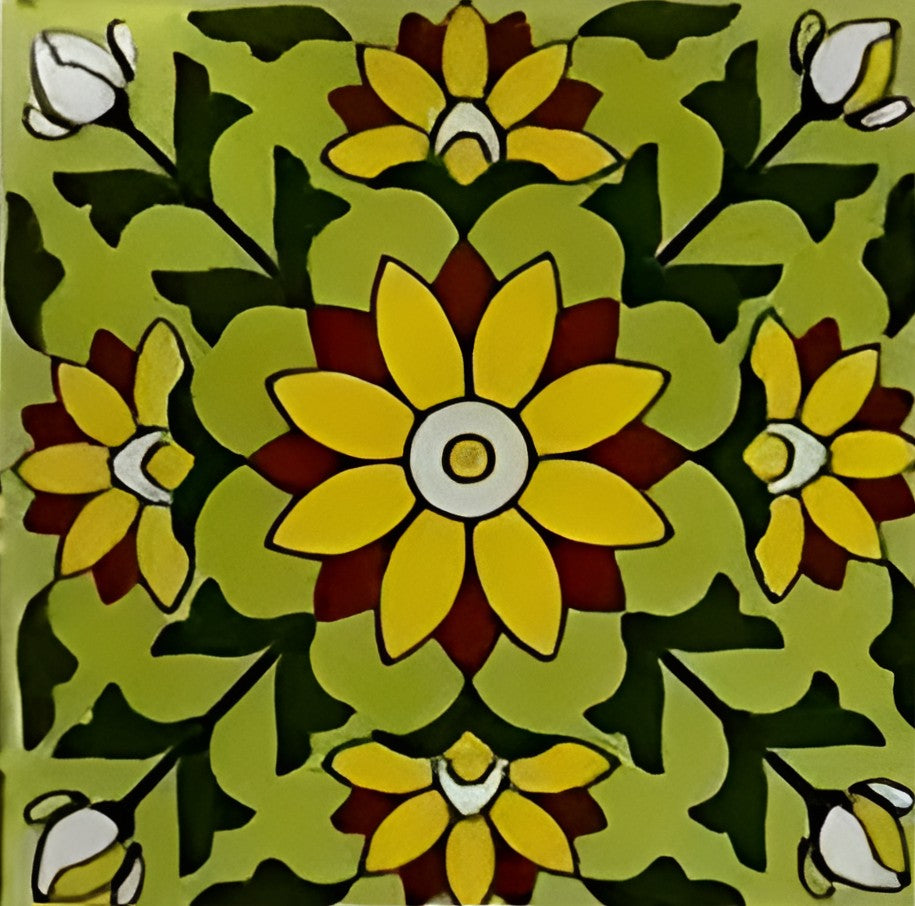 TTH-444 Ceramic Tile – 4×4 inch glossy yellow ceramic tile featuring a handmade Jaipur/Moroccan-style rangoli design, ideal for decorative wall and floor accents.