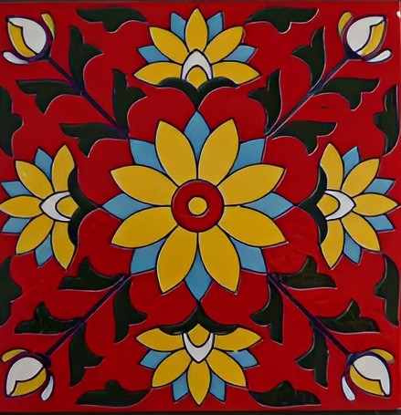 TTH-445 Ceramic Tile – 4×4 inch glossy red ceramic tile featuring a handmade Jaipur/Moroccan-style rangoli design, ideal for decorative wall and floor accents.
