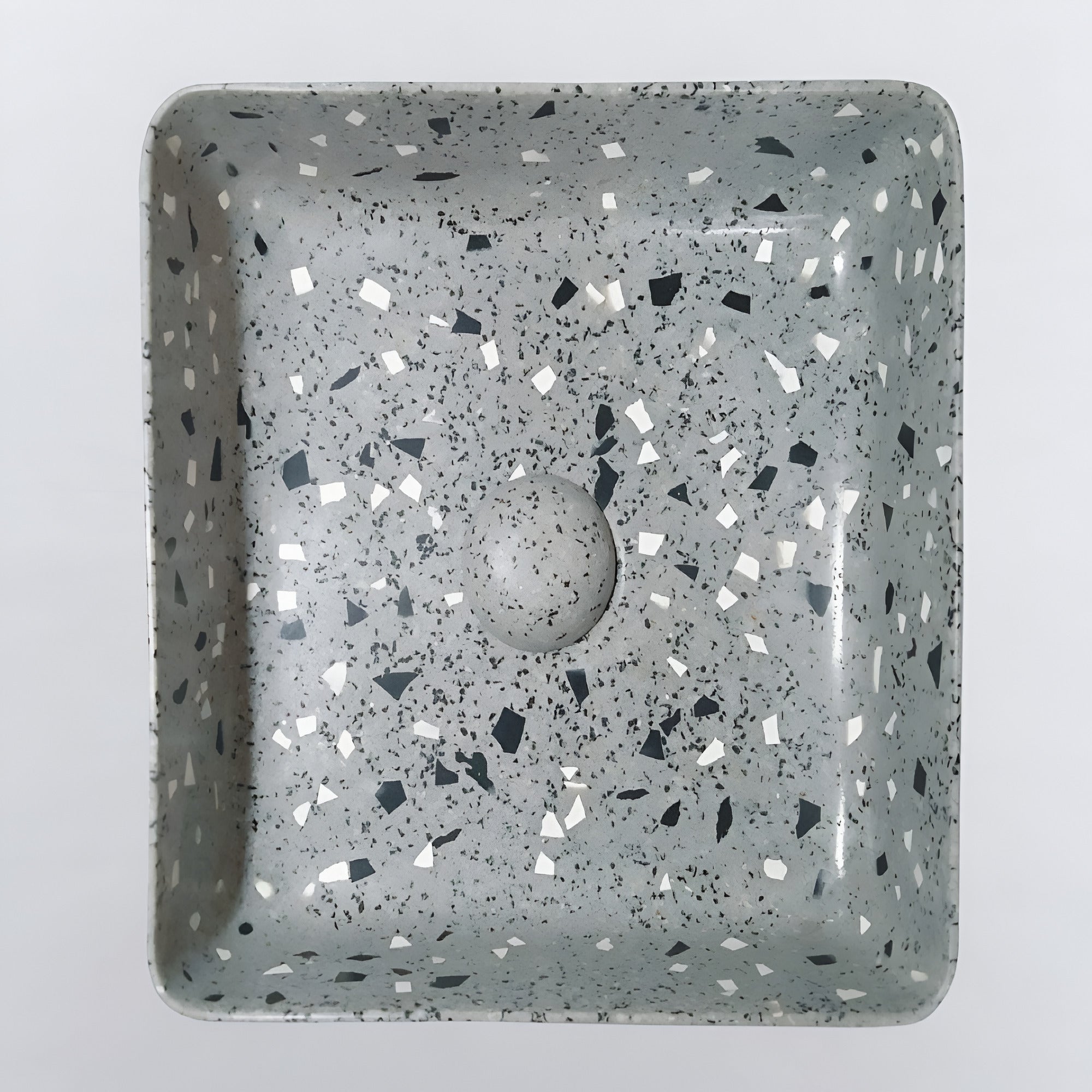 Ceramic countertop washbasin TTH 032 featuring a terrazzo-inspired surface pattern, square countertop design with smooth edges, compact 356x356x130 mm dimensions, premium ceramic construction suitable for modern residential and commercial bathroom interiors