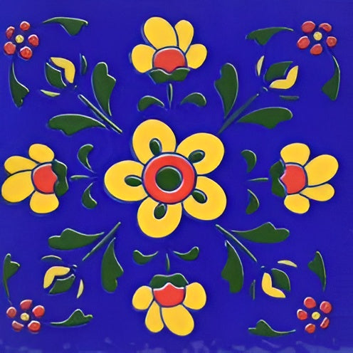 TTH‑442 Ceramic Tile – 4×4 inch gloss-finish ceramic wall tile in vibrant blue with an intricate handmade Jaipur/Moroccan‑style rangoli pattern 
