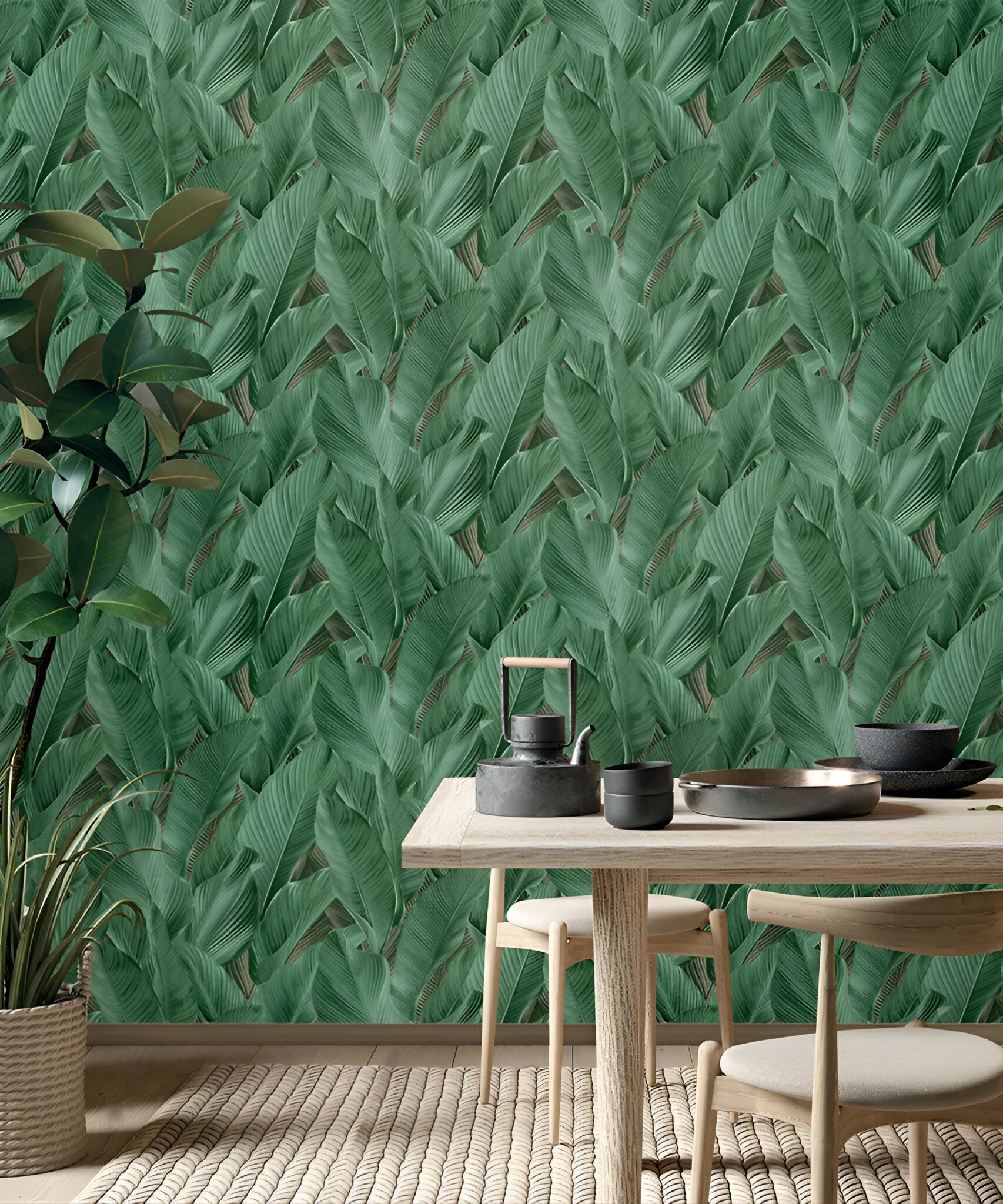 Tahiti 13304 wallpaper design featuring a sophisticated floral pattern in soothing green tones, showcasing detailed botanical motifs inspired by tropical foliage, ideal for enhancing modern and classic interiors with a fresh natural look.