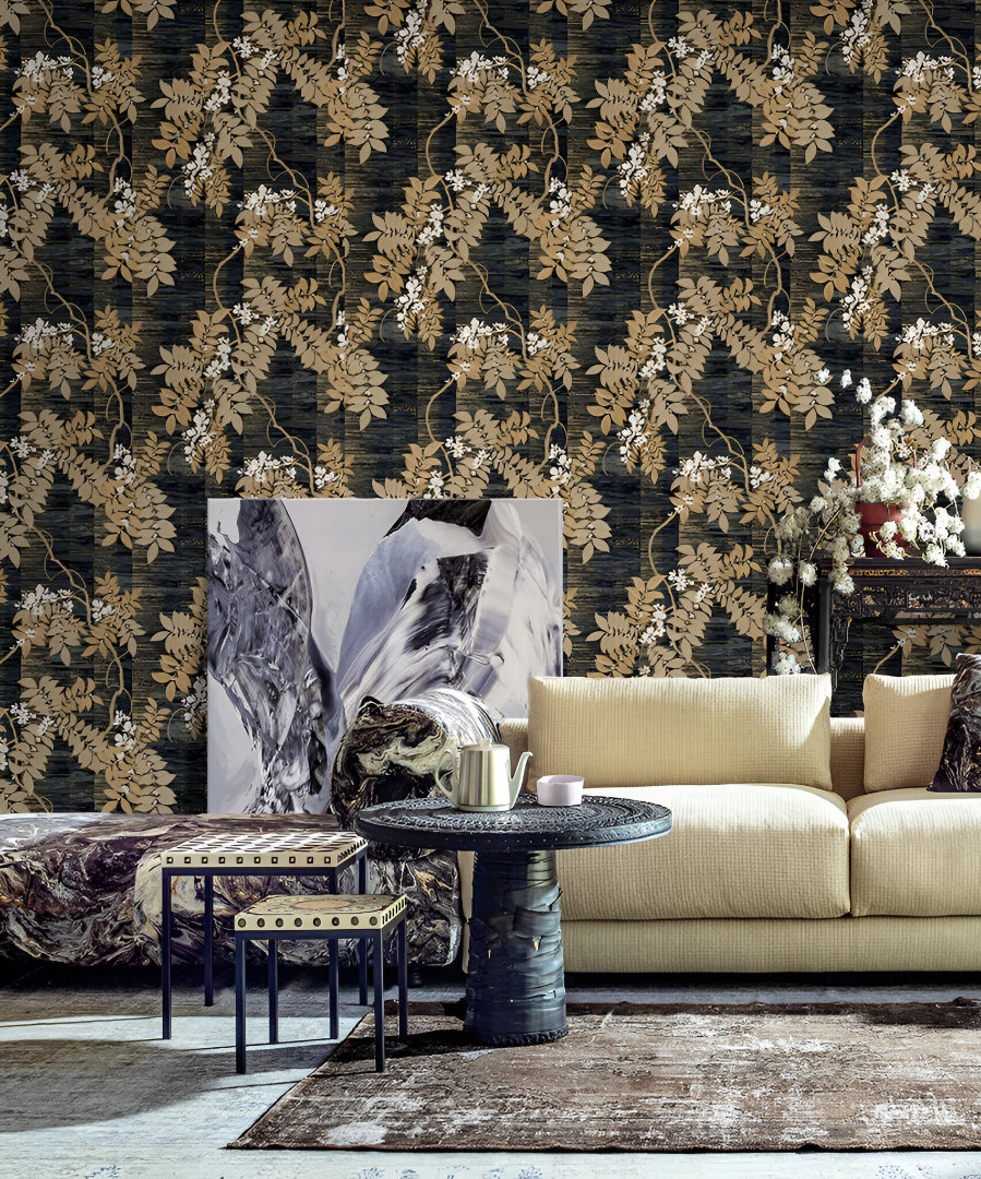 Tahiti 13321 wallpaper showcasing intricate floral patterns in elegant detail on a rich black background, highlighting the contrast between bold botanical designs and dark, modern tones – ideal for luxury interiors and statement walls.