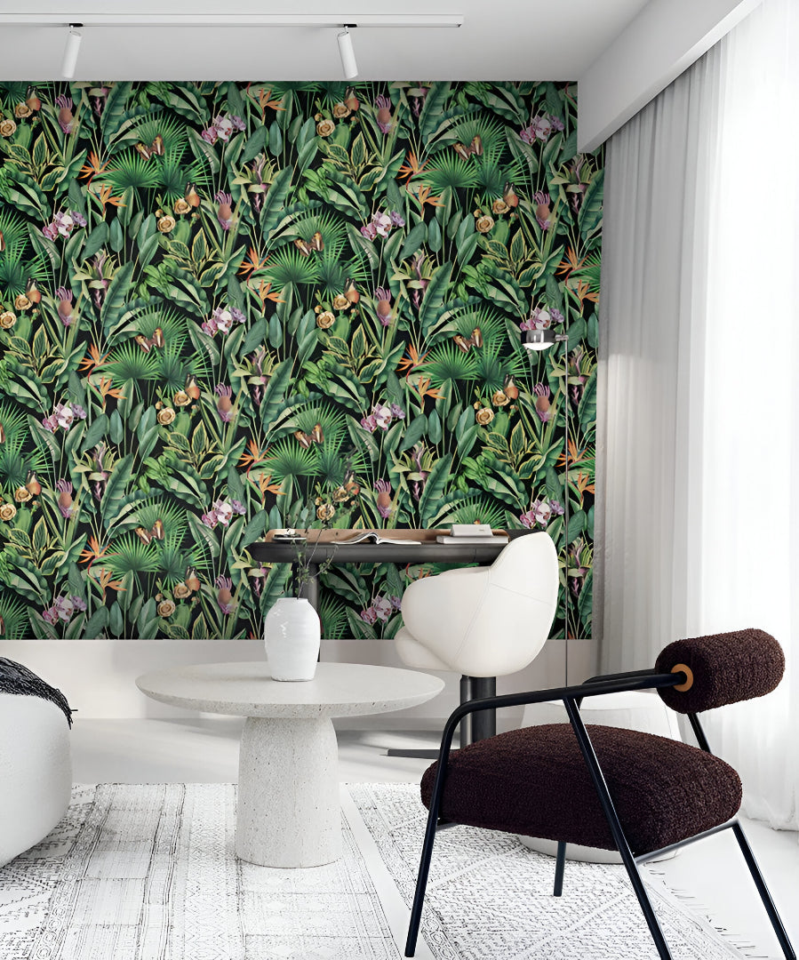 Tahiti 13334 wallpaper design featuring intricate floral patterns in vibrant colors contrasted against a deep black background, showcasing a bold and elegant tropical-inspired interior wall décor.