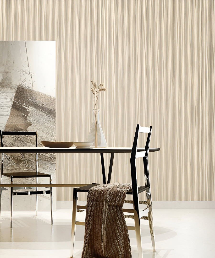 Tahiti 13338 beige wallpaper showing subtle textured patterns, elegant neutral beige tones, and a modern sophisticated finish, ideal for living rooms, bedrooms, and office interiors.