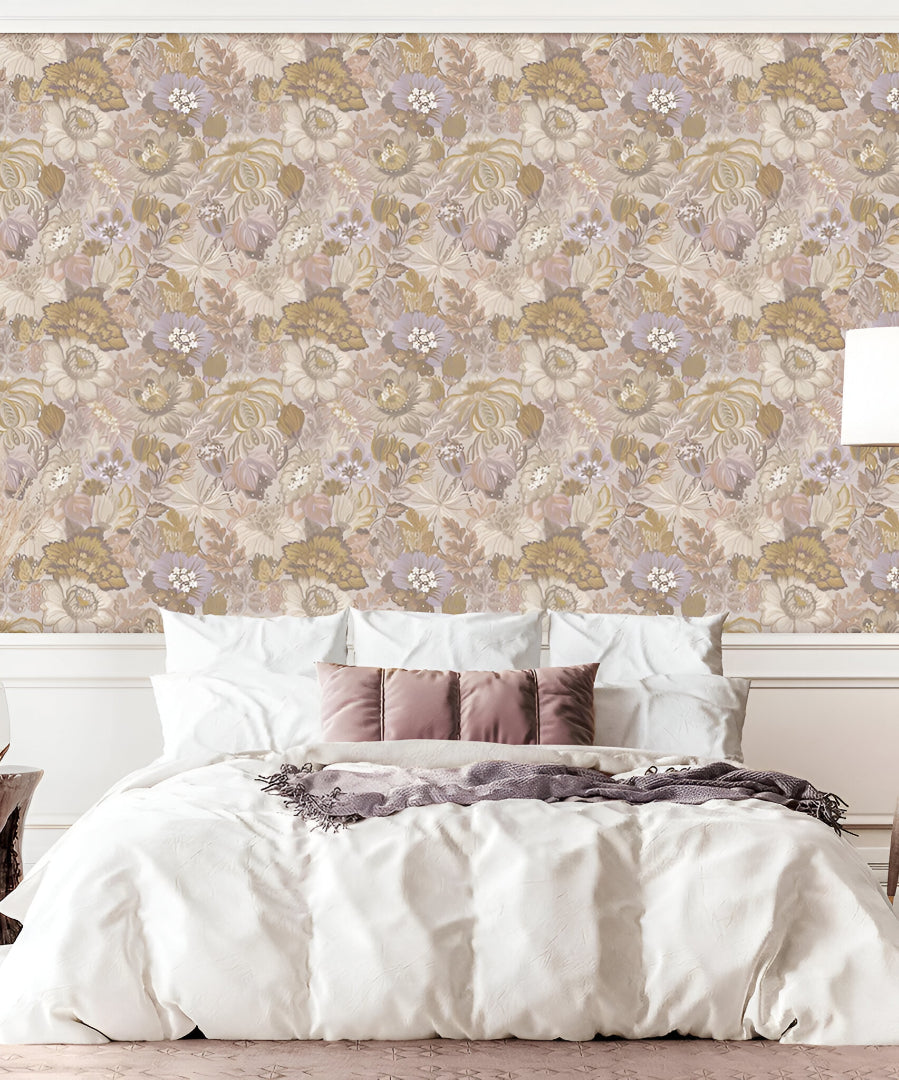 Tahiti 13359 Beige Floral Wallpaper featuring delicate, intricate floral patterns in soft beige shades, highlighting the texture and elegance of the wall covering, ideal for stylish home and office interiors.
