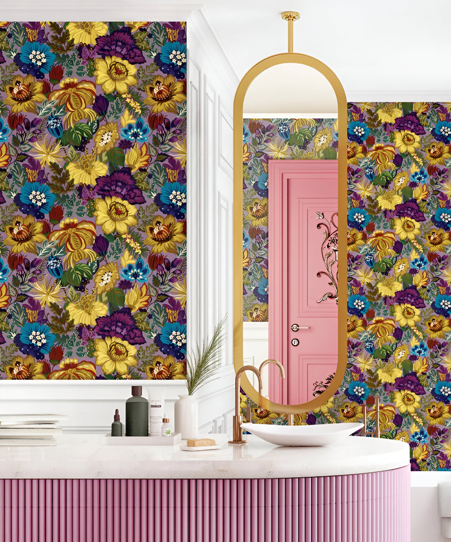 Tahiti 13362 wallpaper showcasing a bright yellow floral pattern with intricate petals and leaves, perfect for living rooms, bedrooms, or feature walls, adding elegance and vibrant charm to interiors.