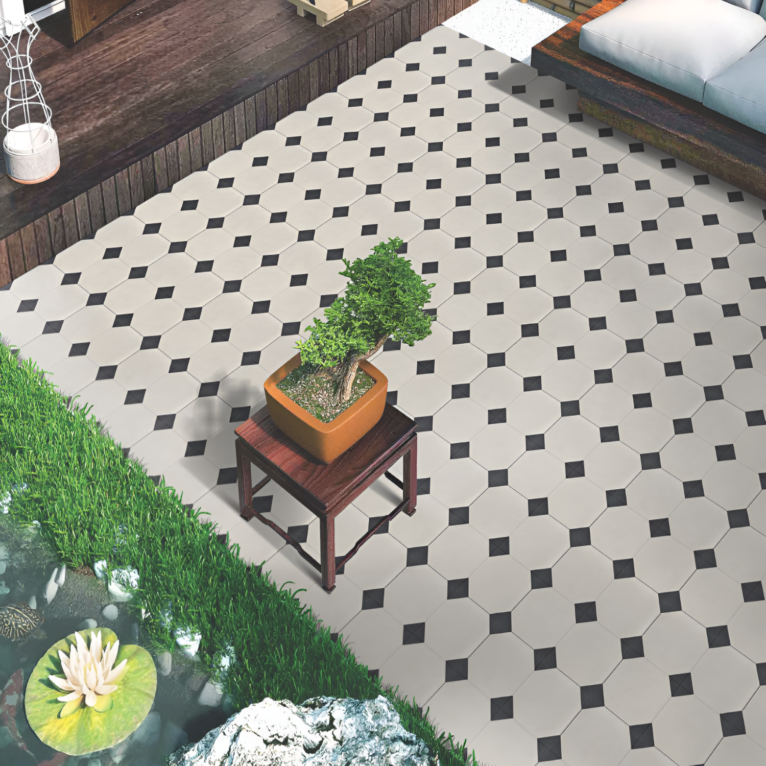 Tara Moroccan Vitrified Tile – 16x16 Inch floor tile with detailed Moroccan-inspired floral and geometric patterns in earthy tones, perfect for stylish and durable flooring.