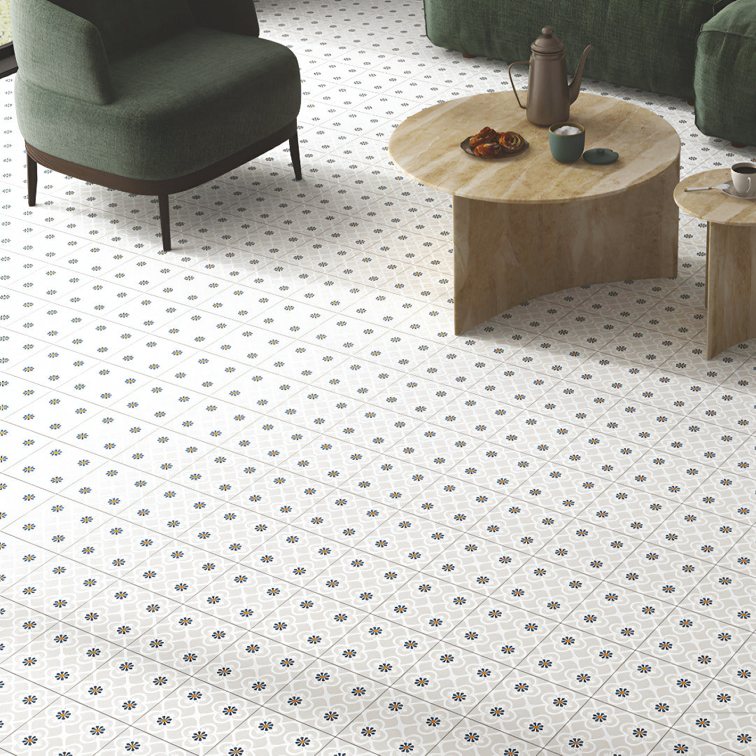 Tender Crema Moroccan Vitrified Tile 8x8 Inch in matt finish, showcasing intricate Rangoli and printed Moroccan-inspired designs. Perfect for elegant floor and wall applications, highlighting durability and neutral crema tones suitable for modern and classic interiors.