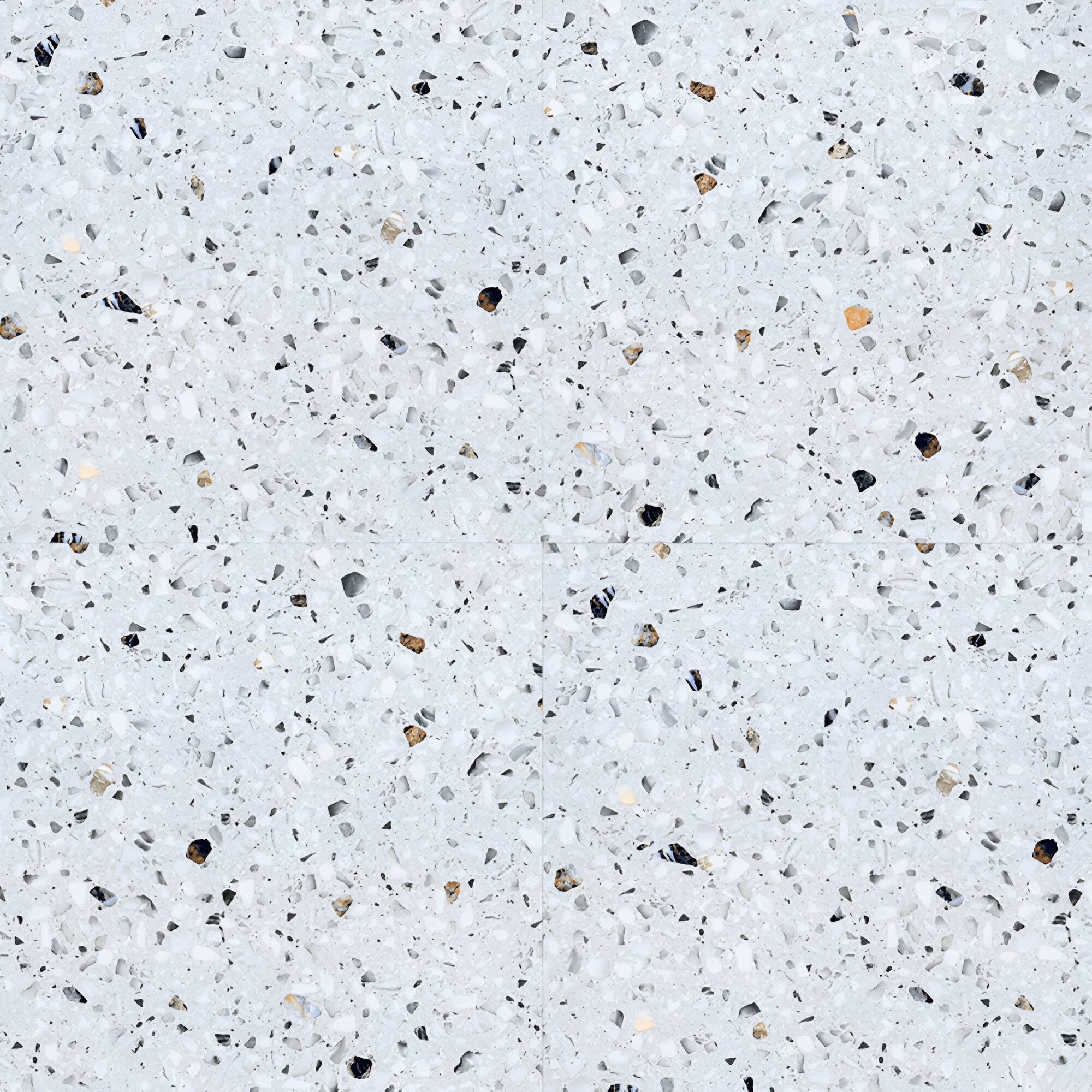 Terrazzo Toscana ceramic floor tile in 24x24 inch format featuring a terrazzo-inspired surface pattern with scattered stone-like detailing, displayed in a modern interior setting to highlight the matt texture, large square dimensions, seamless joint appearance, and contemporary flooring application for residential and commercial spaces.