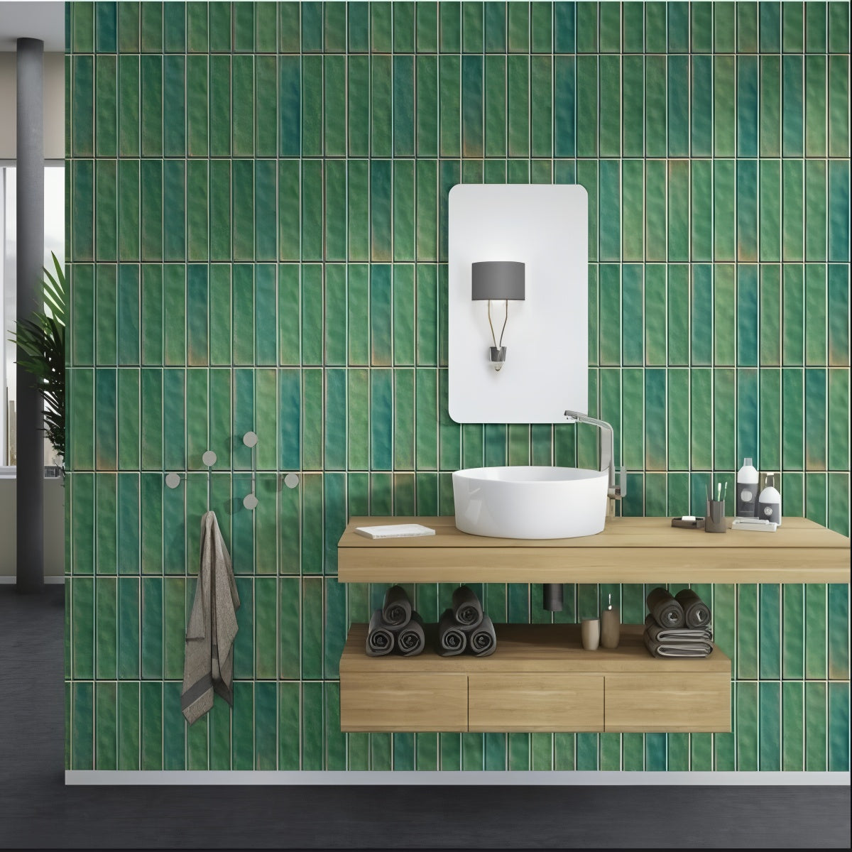 Tikal Cosmo Fern Tile - 12x12 ceramic wall tile with vertical fern green panels and artisan-style glaze

