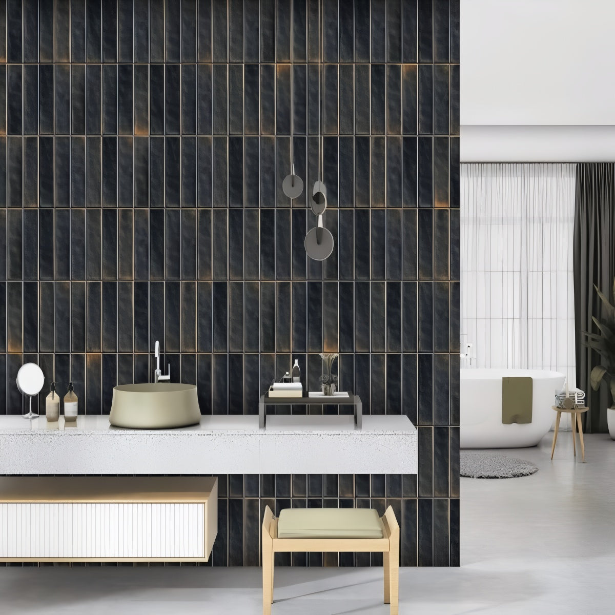 Charcoal Rippled Texture Modern Vertical Stacked Bathroom Statement Wall