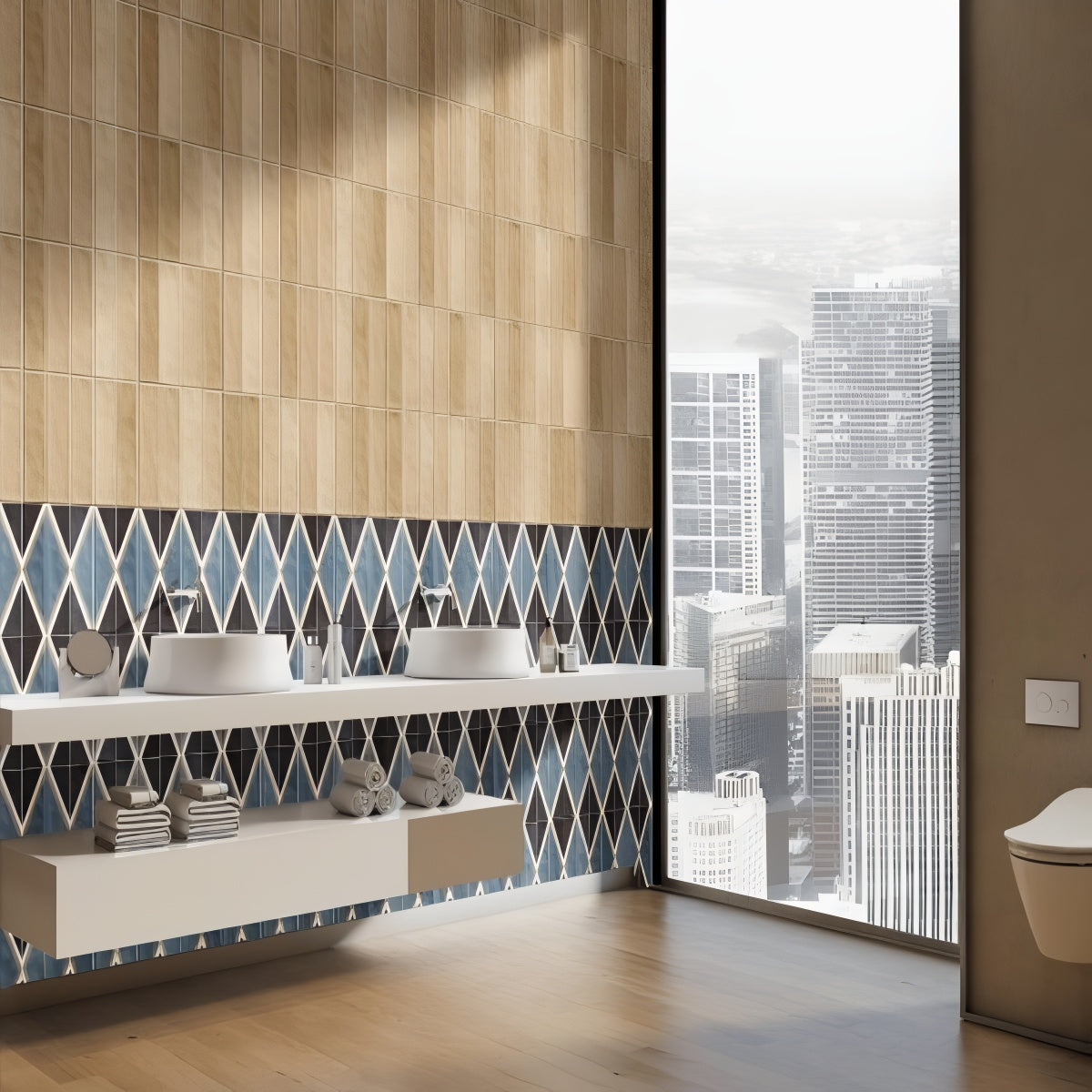 Tikal Cosmo Sepia Tile - 12x12 ceramic wall tile with vertical panels and sepia brown artisan glaze

