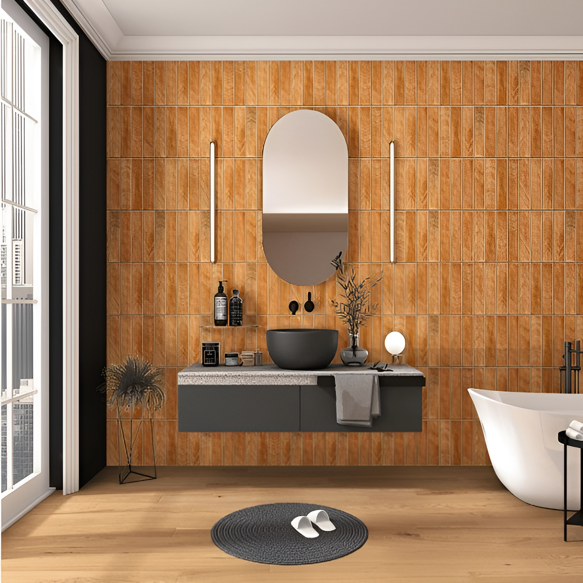 Tikal Nexo Macaroon Ceramic Tile 12x12 Inch – Beige ceramic tile with soft linear textures across four vertical segments.

