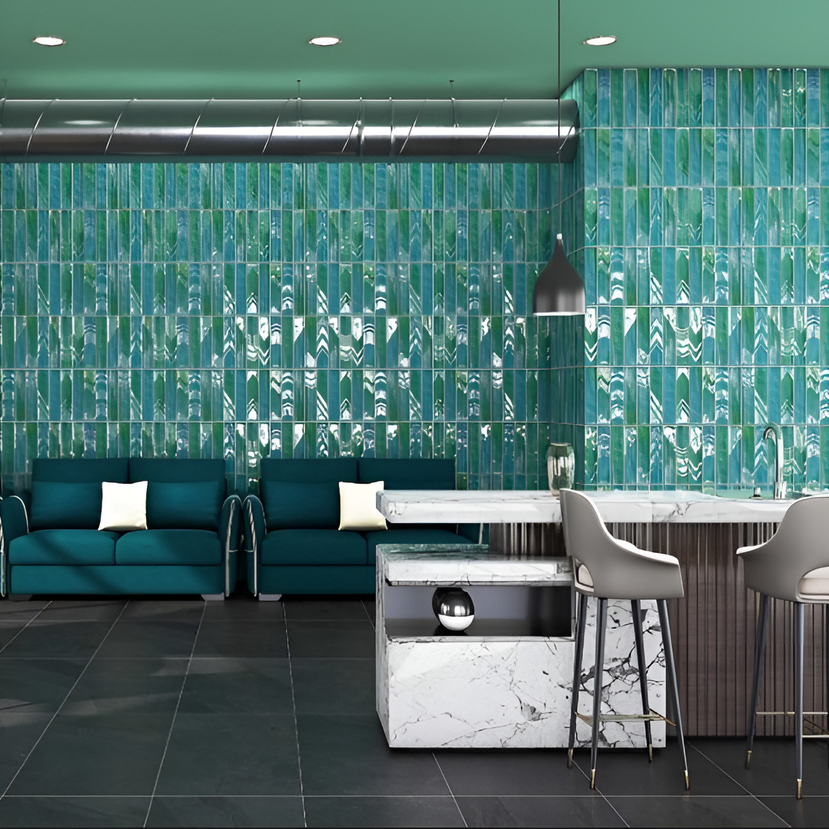 Tikal Nexo Pine Ceramic Tile 12x12 Inch – Soft green vertical ceramic tile with linear segment detailing.

