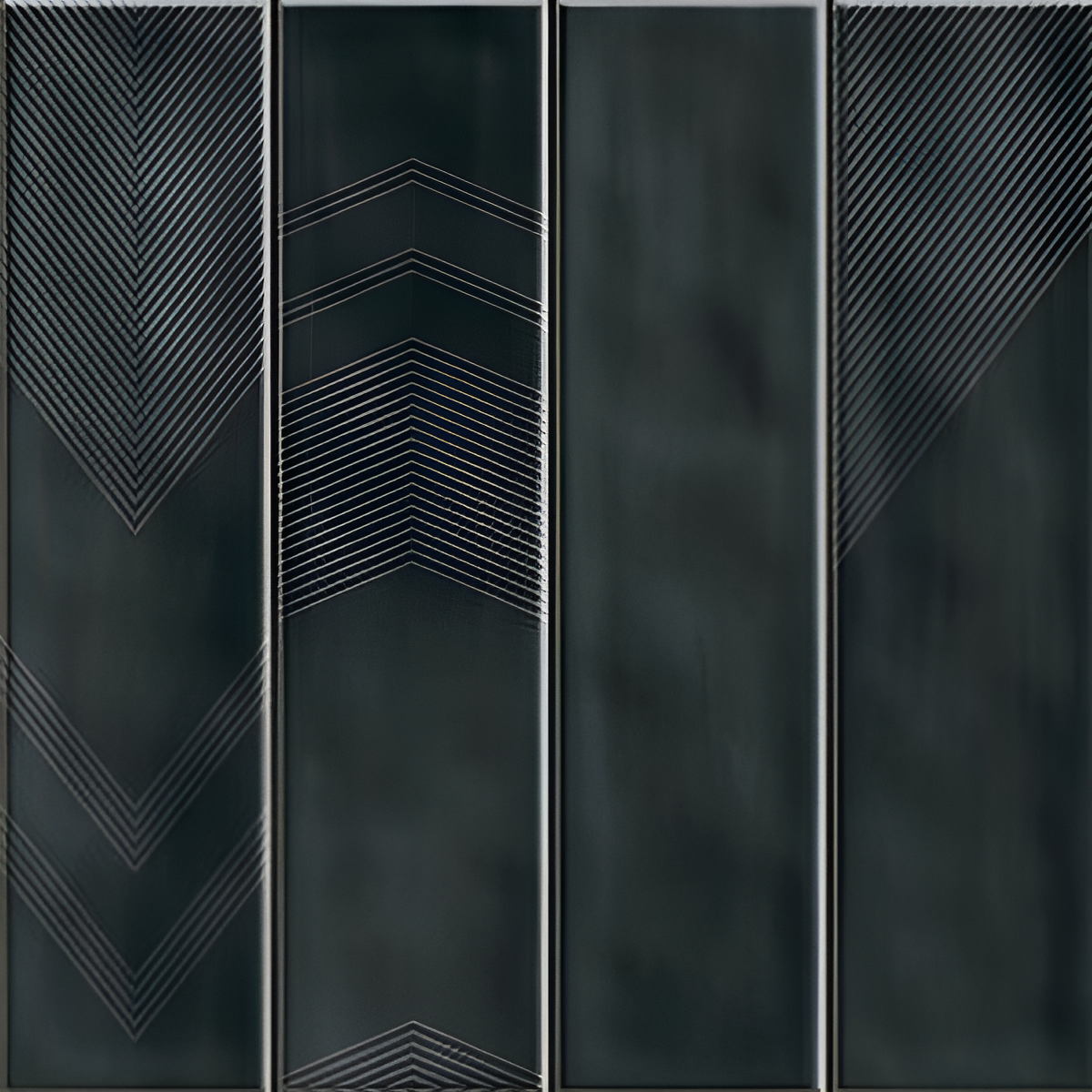 Tikal Nexo Raven Ceramic Tile 12x12 Inch – Matte black ceramic tile with vertical segmented design and subtle texture.

