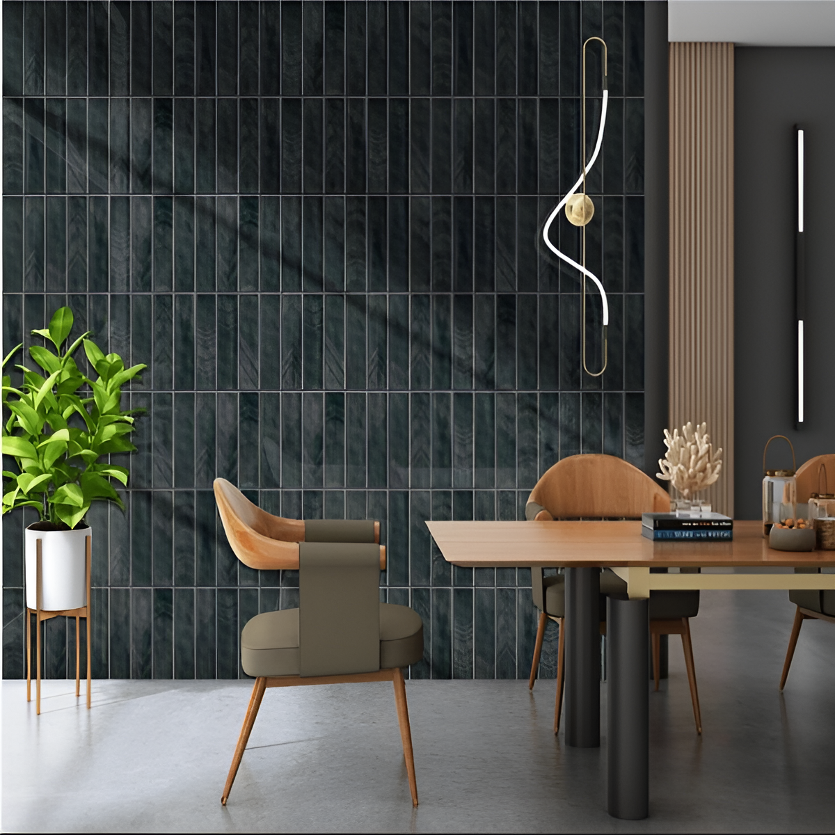 Tikal Nexo Raven Ceramic Tile 12x12 Inch – Matte black ceramic tile with vertical segmented design and subtle texture.

